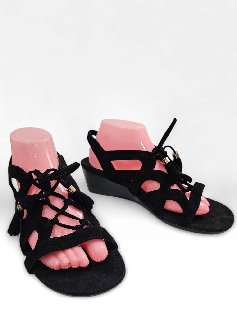 VIONIC Kalie Orthotic Black Suede Strappy Tasseled Wedge Sandals US 9M